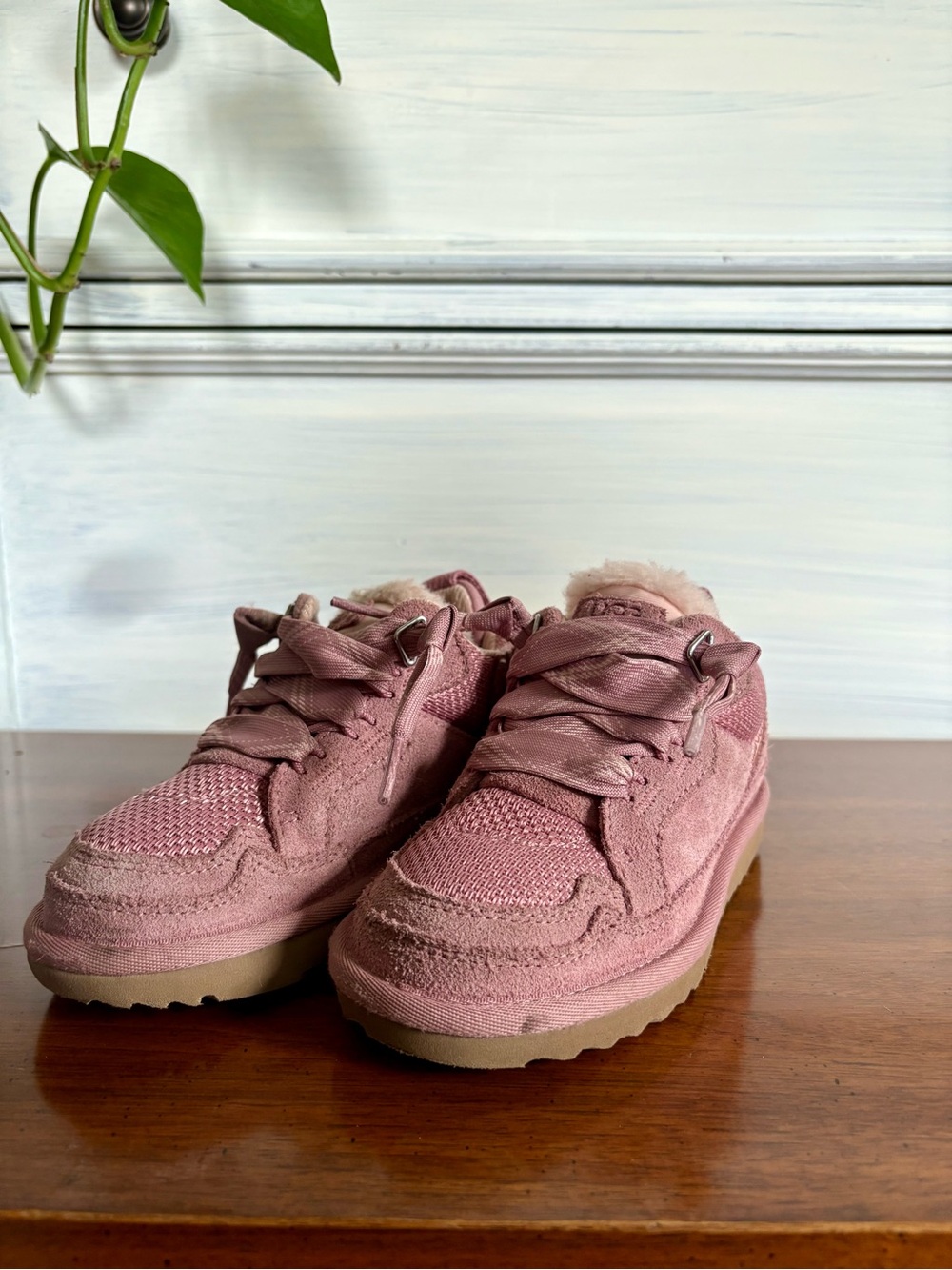 UGG Pink Suede Knit Lace-Up Sneakers with Shearling Collar
